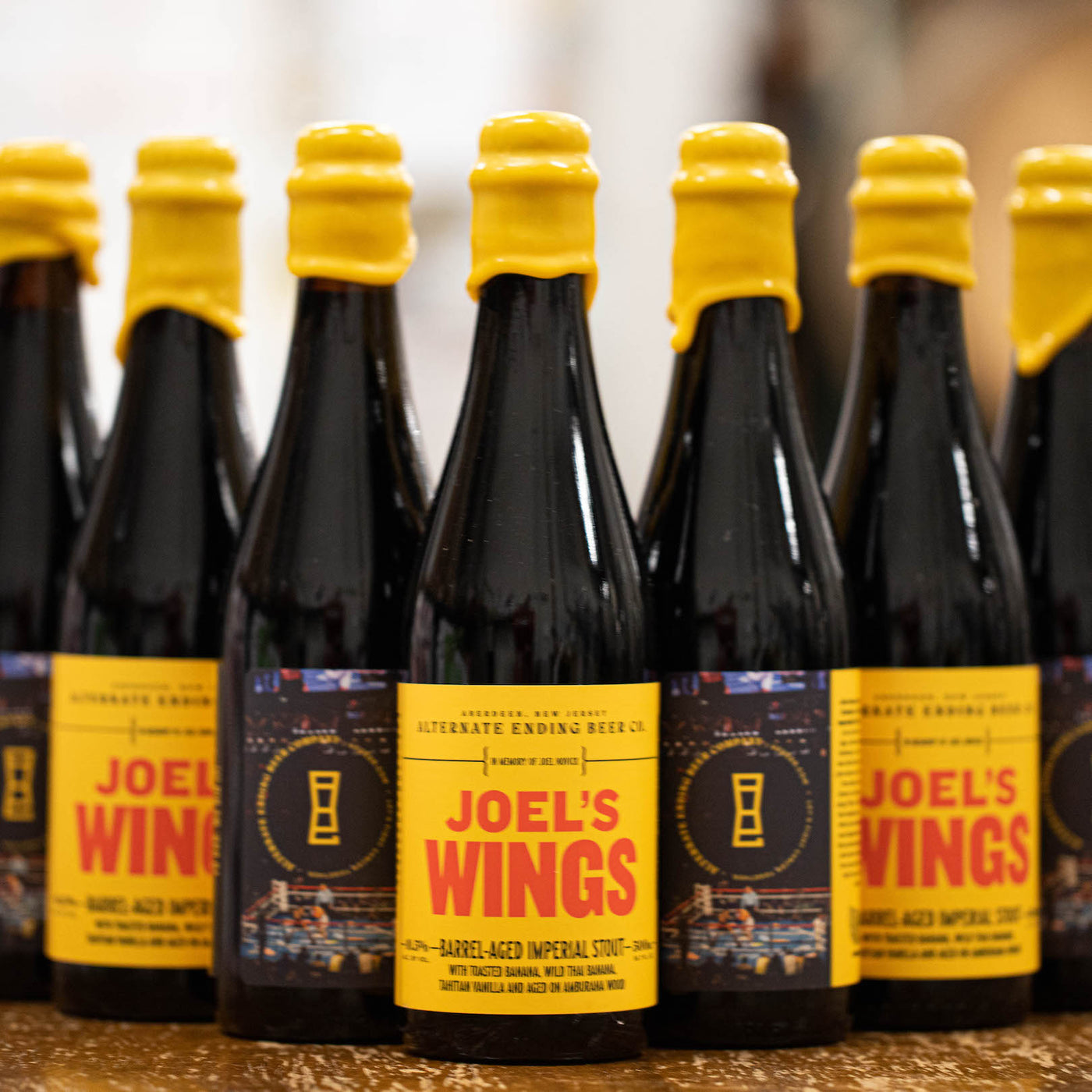 Joel’s Wings Imperial Stout 10.5% Aged in Whiskey Barrels for 14 months 